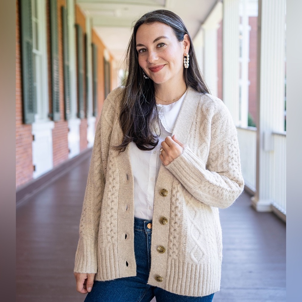 J.Crew Cable-knit stretch cardigan sweater Oatmeal Size S